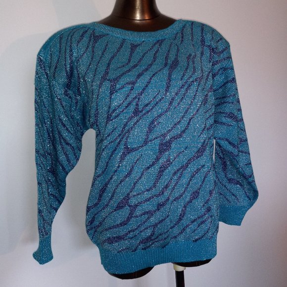 crew-neck tourquoise metalic thread zebra print sweater vintage 1980s - Picture 1 of 8